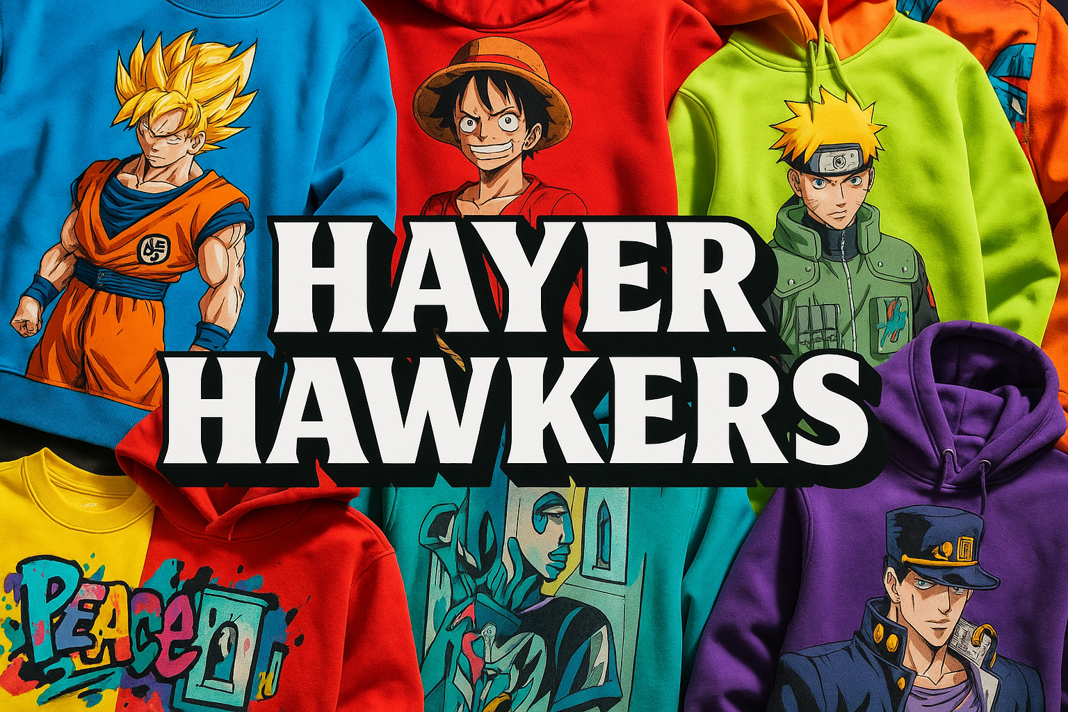 Awrite Hayer Hawkers and the centre which is surrounded by some colourful clothing with the printings of male Anime characters and other arts make logo